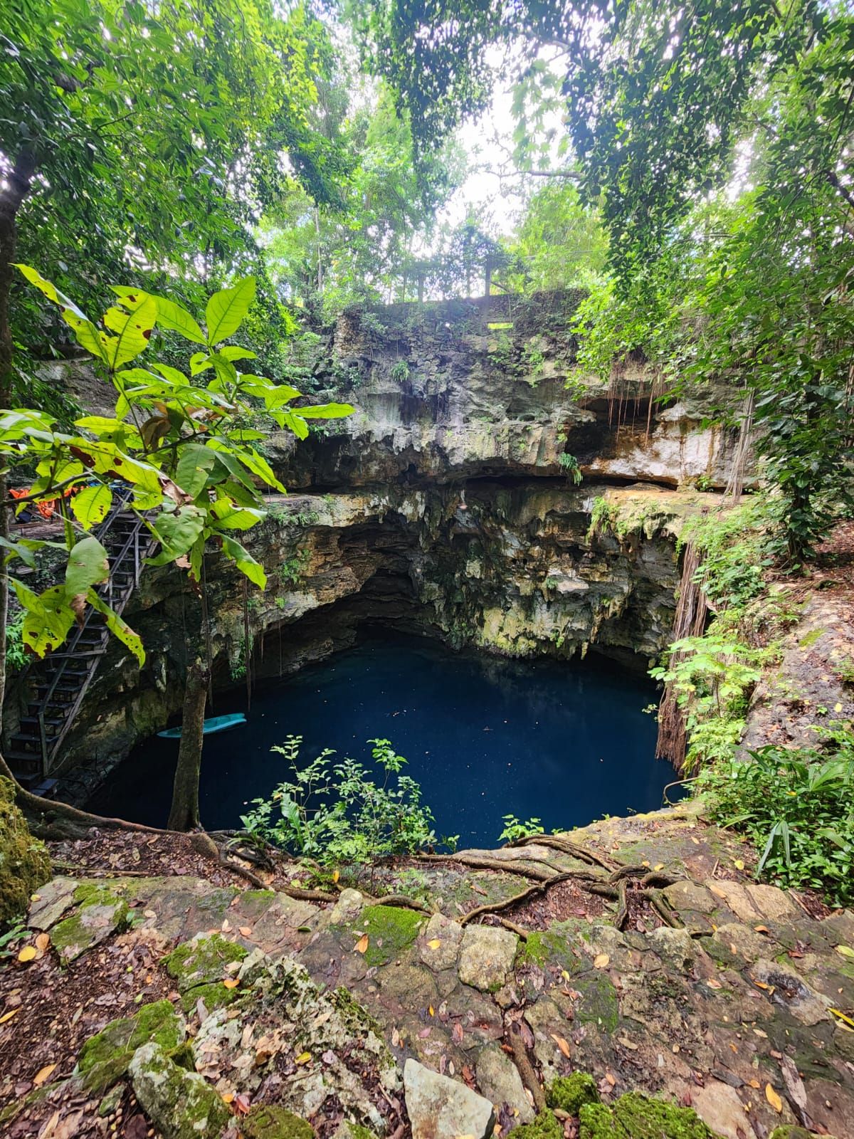 Deep blue cenote under a limestone overhang