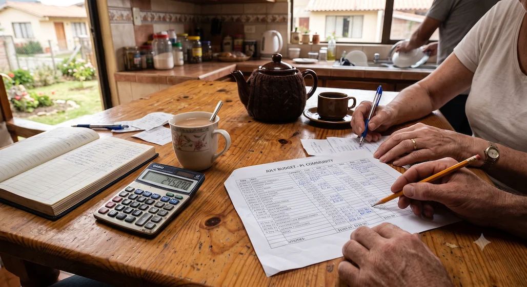 A kitchen table with a household ledger, a calculator, mugs and a teapot, and two people going over a printed sheet headed "July budget".