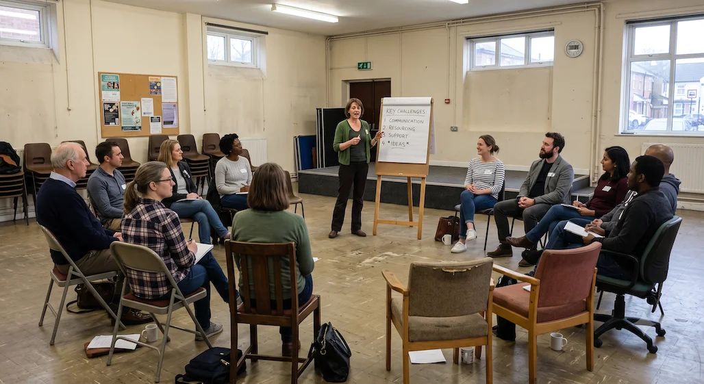 About a dozen adults in a circle of mismatched chairs in a village hall, one standing at a flipchart headed "Key challenges" mid-sentence while the others listen.