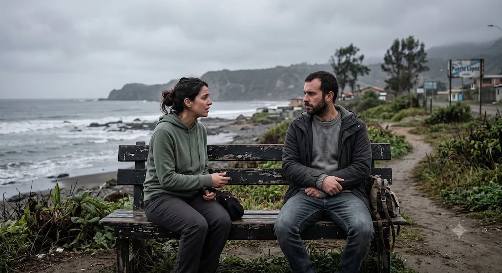 Two people sitting at opposite ends of a weathered bench above a grey sea, turned toward each other mid-conversation, neither smiling.