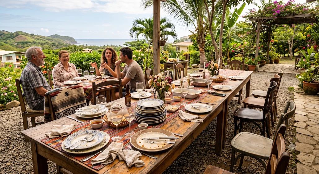 A long outdoor table after a shared meal — stacked plates, used glasses, a jug of flowers — with four people still talking at the far end and empty chairs at the near one.