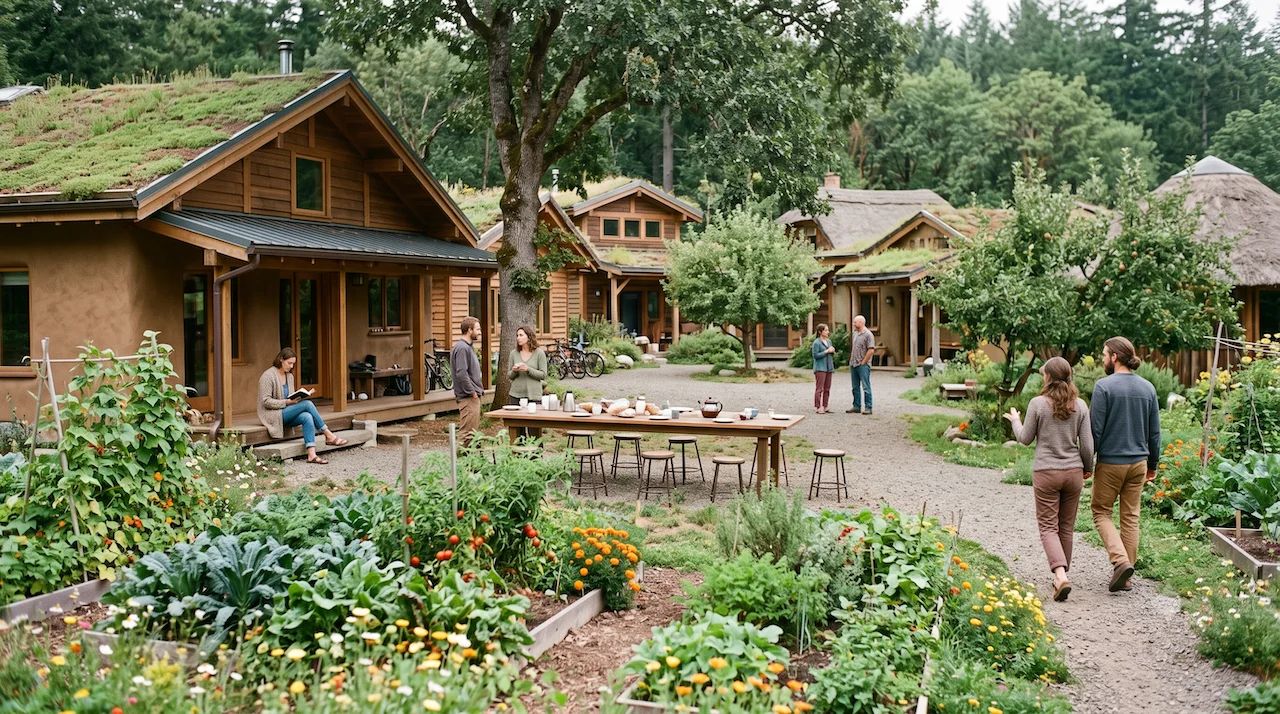 A cluster of timber and earth-rendered homes with turf roofs around a gravel courtyard, a long table laid with cups and pots, someone reading on a porch, and vegetable beds in the foreground.