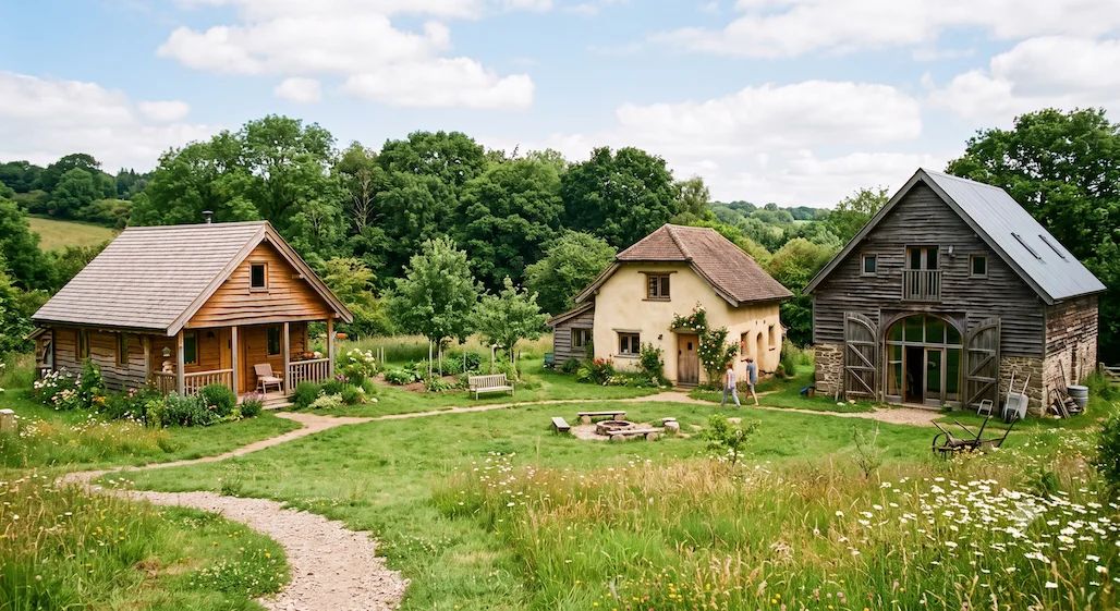 Three very different homes around a shared meadow — a timber cabin with a porch, a rendered cottage, and a large barn — linked by gravel paths and a fire circle.