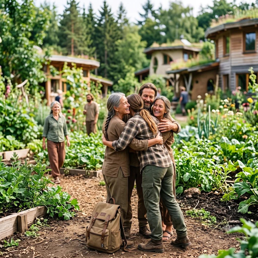 Four people embracing in a shared vegetable garden, with timber and green-roofed homes behind them and a rucksack set down on the path.