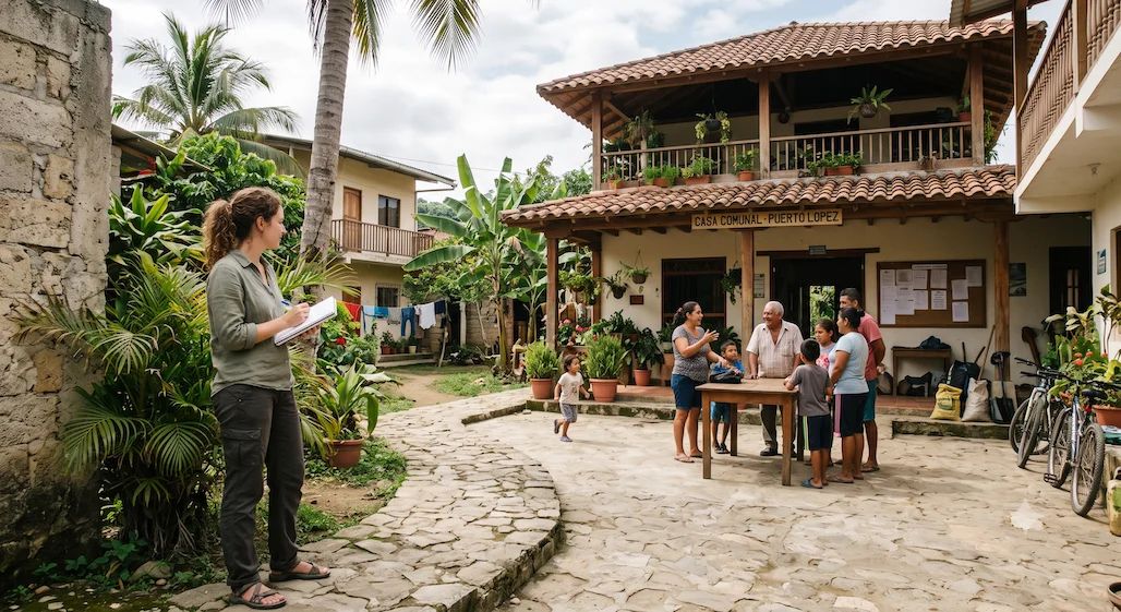 A visitor standing apart at the edge of a courtyard with a notebook, watching a group of residents and children talking around a table outside a communal building.
