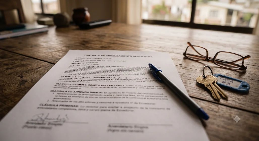 A signed residential lease on a dark wooden table, a pen resting on it beside reading glasses and a set of keys tagged with a house number.