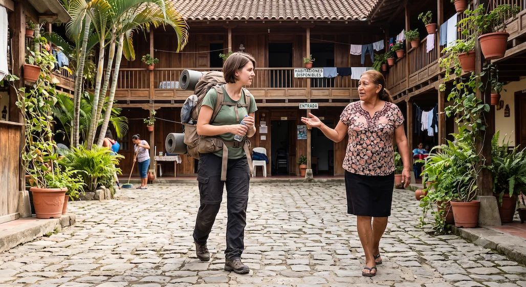 A visitor carrying a large rucksack walking across a cobbled courtyard beside a resident who is talking and gesturing, with timber balconies above.