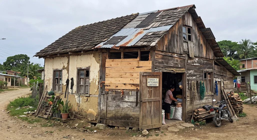 An old timber and render building patched with mismatched boards and sheets of corrugated metal, still in use, with someone working inside the open doorway.