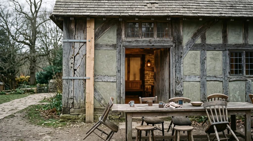 A weathered timber-framed building with pale green infill panels, one cracked corner post braced with a new pale batten and metal straps, its door open onto a warmly lit interior. Outside, a long table with mugs and a bowl left on it, chairs pushed back at angles, and one chair tipped over on the ground.