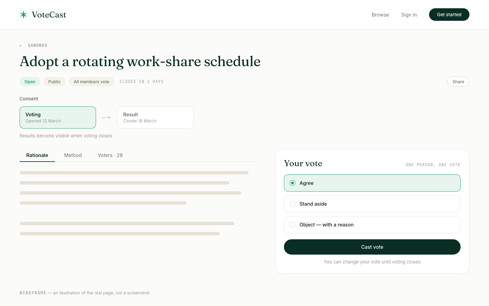 Wireframe of a VoteCast proposal open for voting: the motion, a consent ballot with agree, stand aside and object, and the time remaining